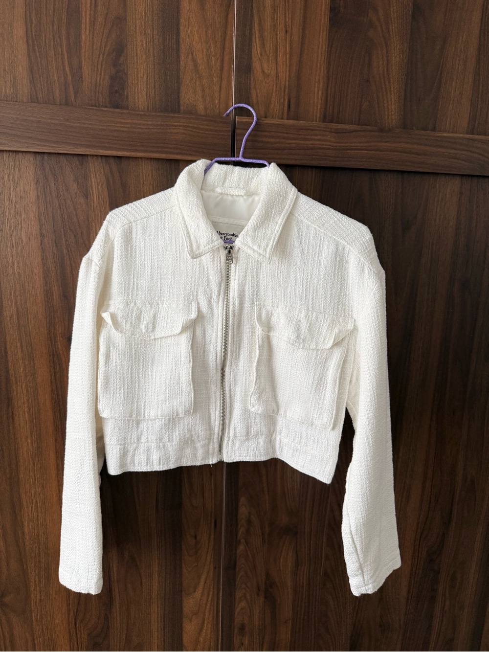 Abercrombie & Fitch Cream Textured Zip Crop Jacket